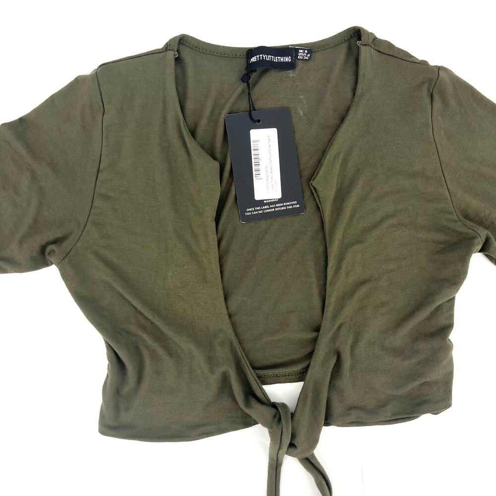 Pretty Little‎ Thing 4 Women's Khaki Jersey Front Tie Crop Top NWT - Picture 3 of 8